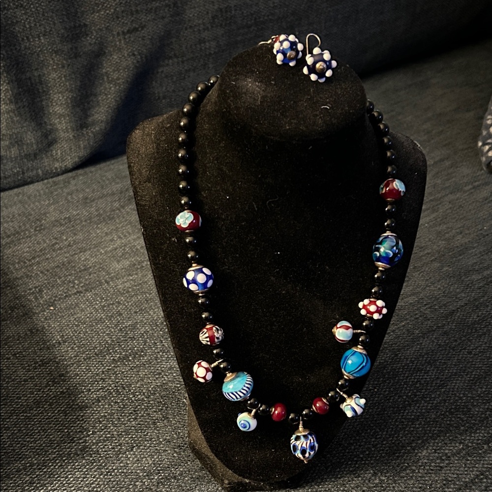 Elegant Black and Blue Beaded Necklace and Earring Set